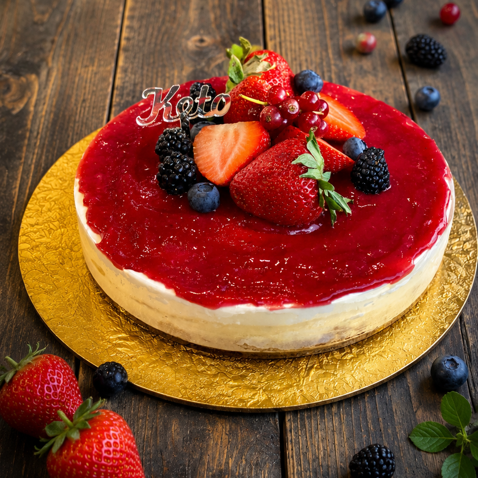 Keto Vanilla Cheesecake - Strawberry Sauce